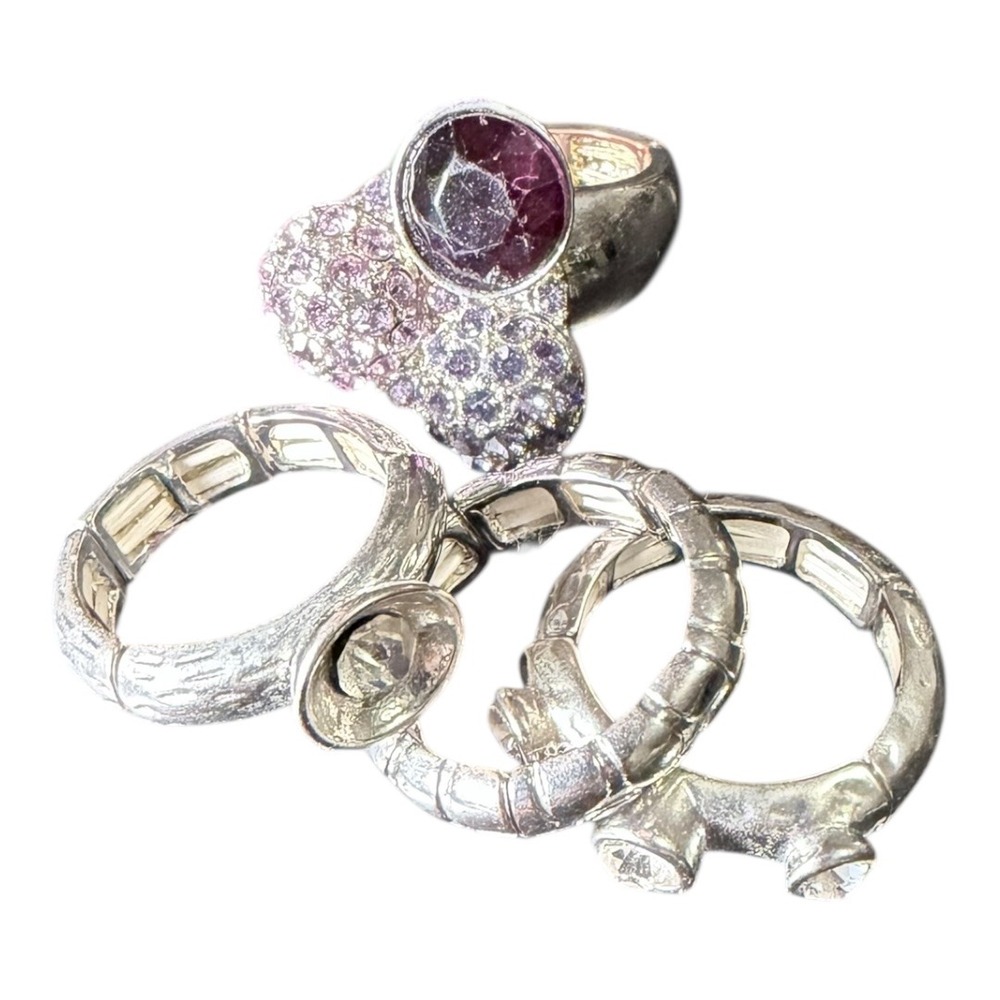 Y2K Unbranded Rings Set Purple Silver Stretch Stackable Rhinestone Crystal 4pc - Picture 3 of 6